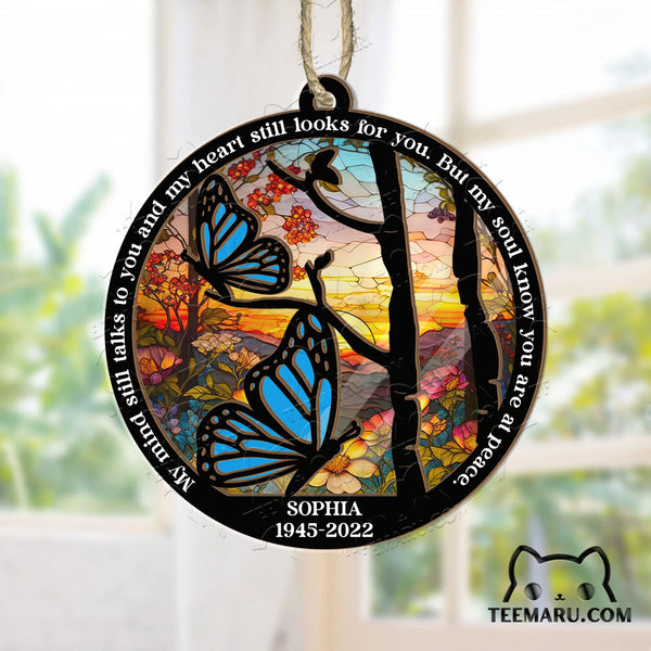 MMSO0101 - Personalized Blue Butterfly Memorial Suncatcher Ornament - My Mind Still Talks To You