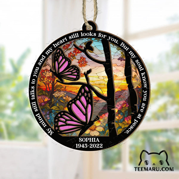 MMSO0104 - Personalized Pink Butterfly Memorial Suncatcher Ornament - My Mind Still Talks To You