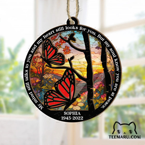 MMSO0106 - Personalized Red Butterfly Memorial Suncatcher Ornament - My Mind Still Talks To You