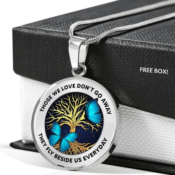 Those We Love Don't Go Away Blue Butterflies Tree Of Life Luxury Necklace with Back Engraving