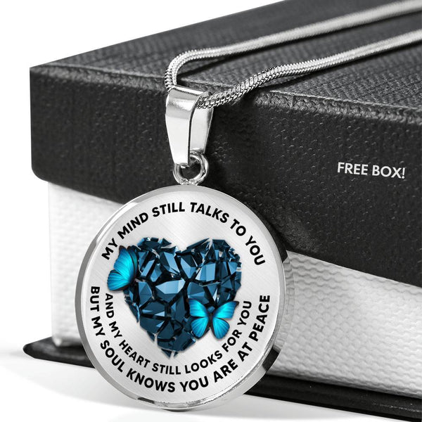TM0002 My Mind Still Talks To You Blue Butterfly Broken Heart Luxury Necklace with Back Engraving