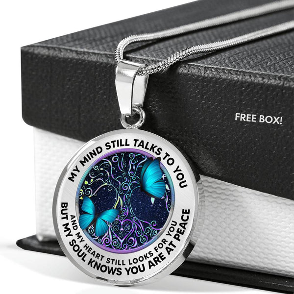 AG0608004 My Mind Still Talks To You Blue Butterflies Metal Tree Of Life Luxury Necklace with Back Engraving