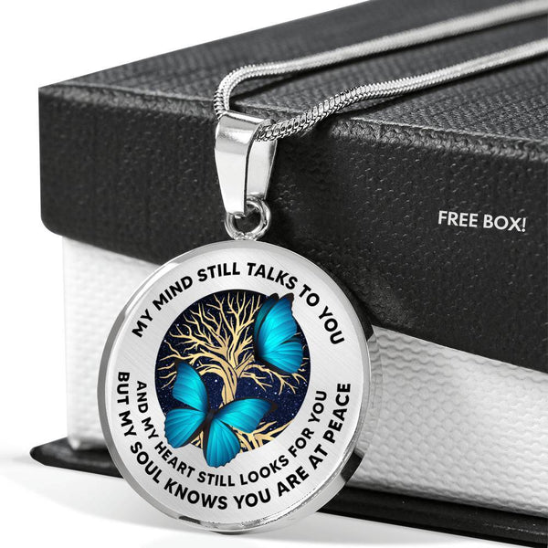 TM0001 My Mind Still Talks To You Blue Butterflies Tree Of Life Luxury Necklace with Back Engraving
