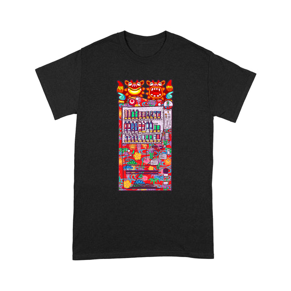 TeeMaru Okinawa T-Shirt OKTS061 - Red Bingata Okinawa Shisa Dogs Yellow Vending Machine