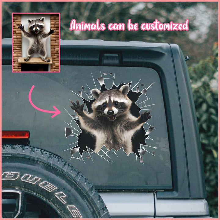 ANDC0012 - Personalized Photo Raccoon Animal Car Decal - Cracked Surface Window