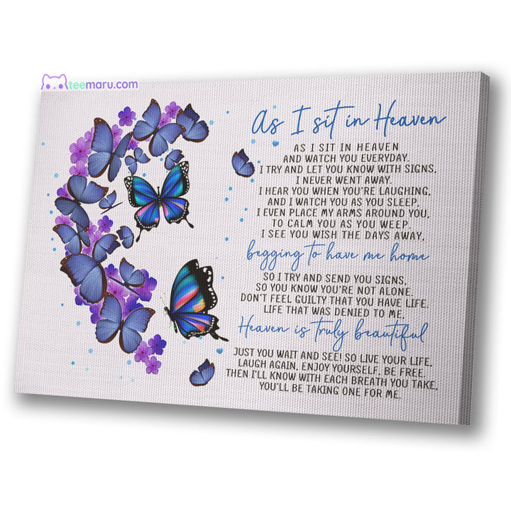 CAVA012 As I Sit In Heave Blue Butterfly Half Heart Memorial Canvas