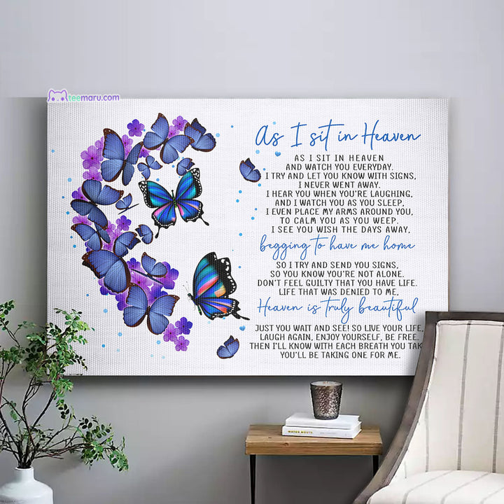 CAVA012 As I Sit In Heave Blue Butterfly Half Heart Memorial Canvas