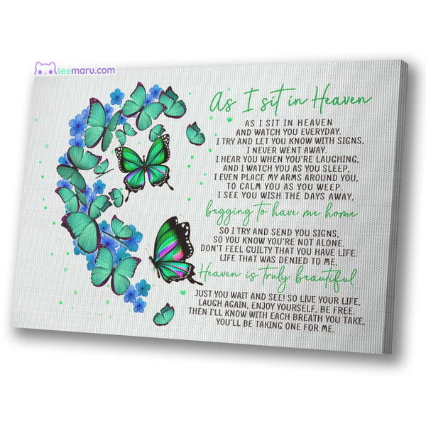 CAVA014 As I Sit In Heave Turquoise Butterfly Half Heart Memorial Canvas