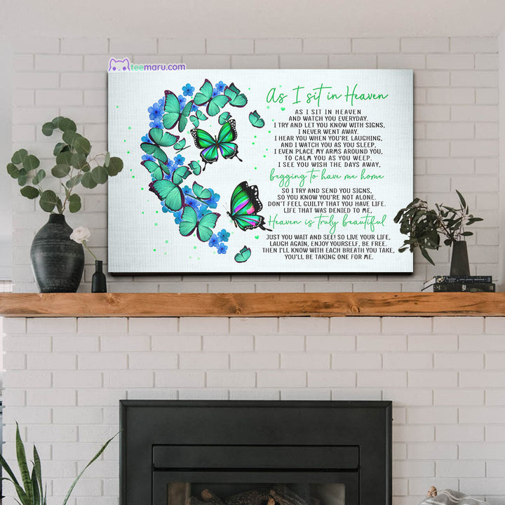 CAVA014 As I Sit In Heaven Turquoise Butterfly Half Heart Memorial Canvas