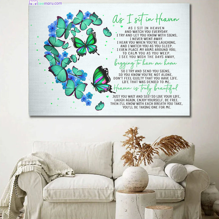 CAVA014 As I Sit In Heaven Turquoise Butterfly Half Heart Memorial Canvas