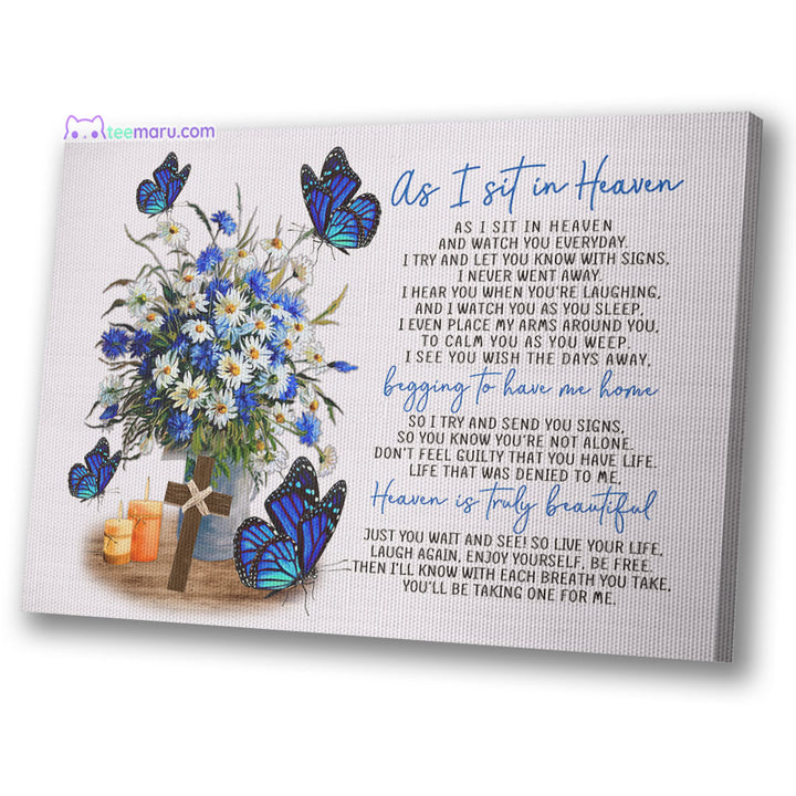 CAVA015 As I Sit In Heaven Blue Butterfly Daisy Memorial Canvas