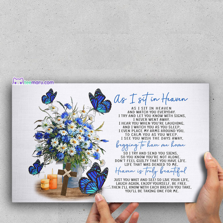 CAVA015 As I Sit In Heaven Blue Butterfly Daisy Memorial Canvas