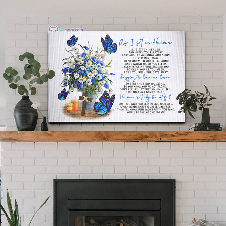 CAVA015 As I Sit In Heaven Blue Butterfly Daisy Memorial Canvas