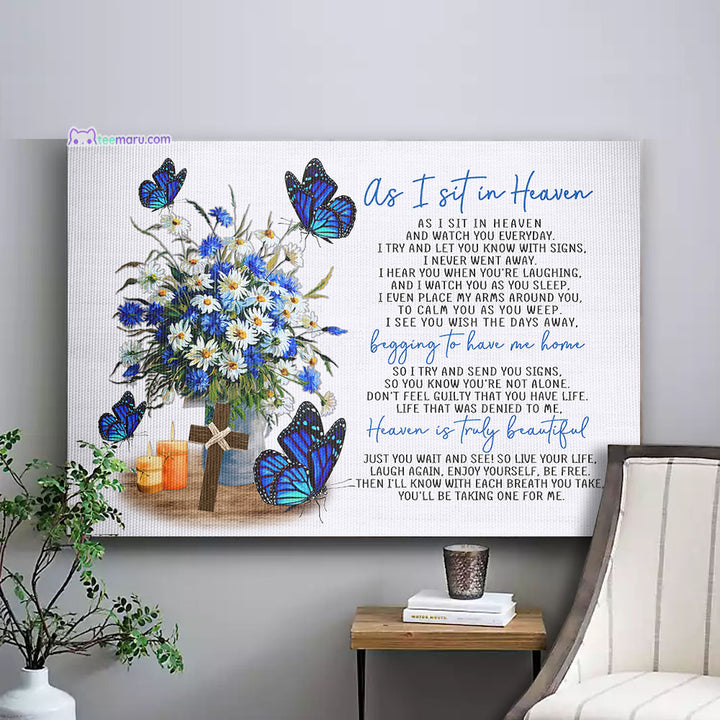 CAVA015 As I Sit In Heaven Blue Butterfly Daisy Memorial Canvas