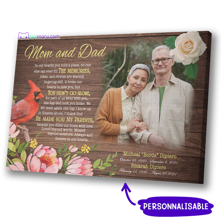 In Our Hearts You Hold A Place Mom and Dad Personalized Cardinal Memorial Canvas CAVA060 TeeMaru