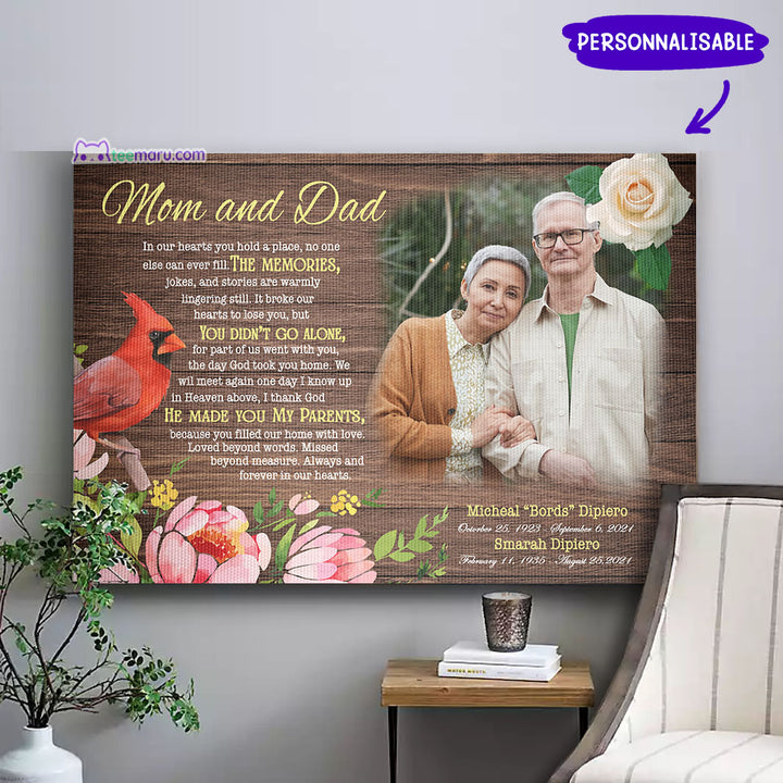 In Our Hearts You Hold A Place Mom and Dad Personalized Cardinal Memorial Canvas CAVA060 TeeMaru