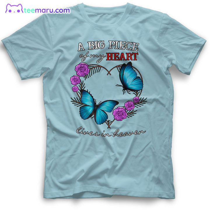 MEBS012 A Big Piece Of My Heart Blue Butterfly Rose Memorial T-Shirt