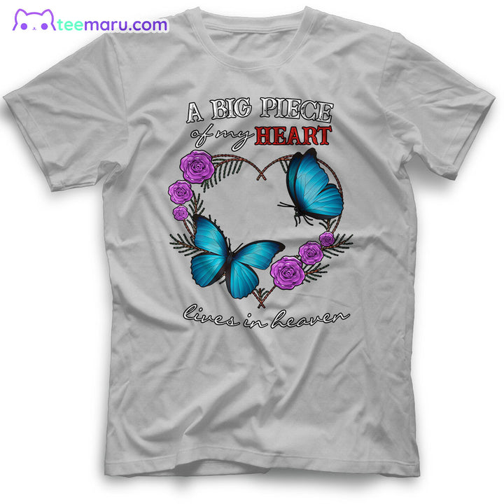 MEBS012 A Big Piece Of My Heart Blue Butterfly Rose Memorial T-Shirt