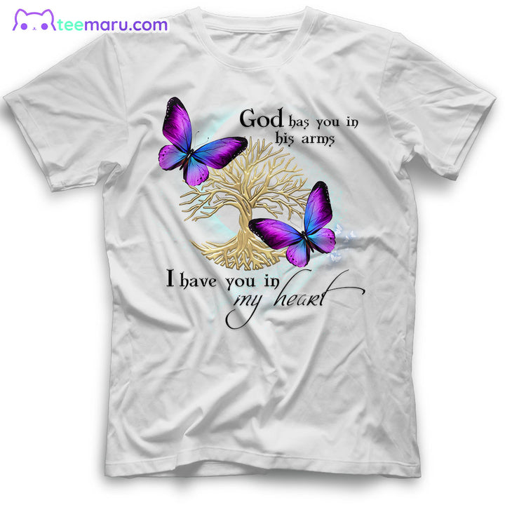 MEBS014 God Has You In His Arm Purple Butterfly Tree Of Life Memorial T-Shirt