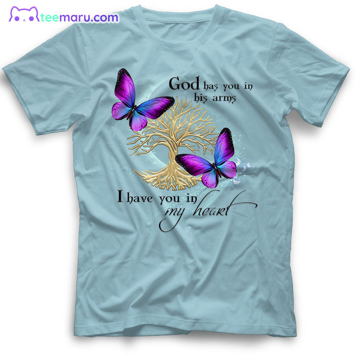 MEBS014 God Has You In His Arm Purple Butterfly Tree Of Life Memorial T-Shirt