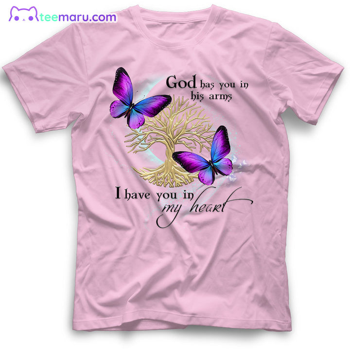 MEBS014 God Has You In His Arm Purple Butterfly Tree Of Life Memorial T-Shirt