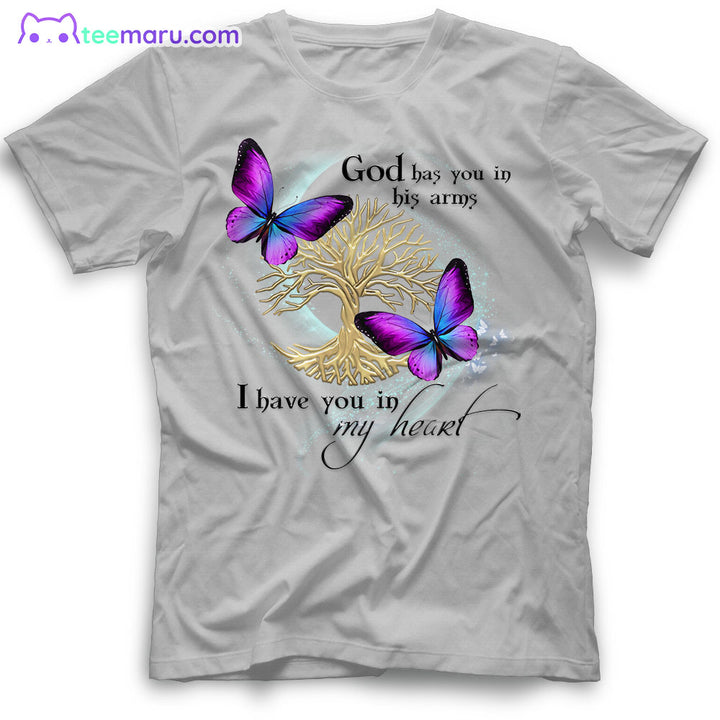 MEBS014 God Has You In His Arm Purple Butterfly Tree Of Life Memorial T-Shirt