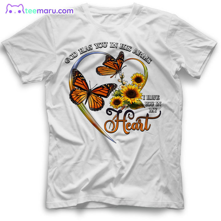 MEBS016 God Has You In His Arms Orange Butterflies Heart Sunflower Memorial T-Shirt