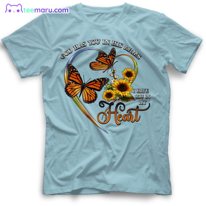 MEBS016 God Has You In His Arms Orange Butterflies Heart Sunflower Memorial T-Shirt