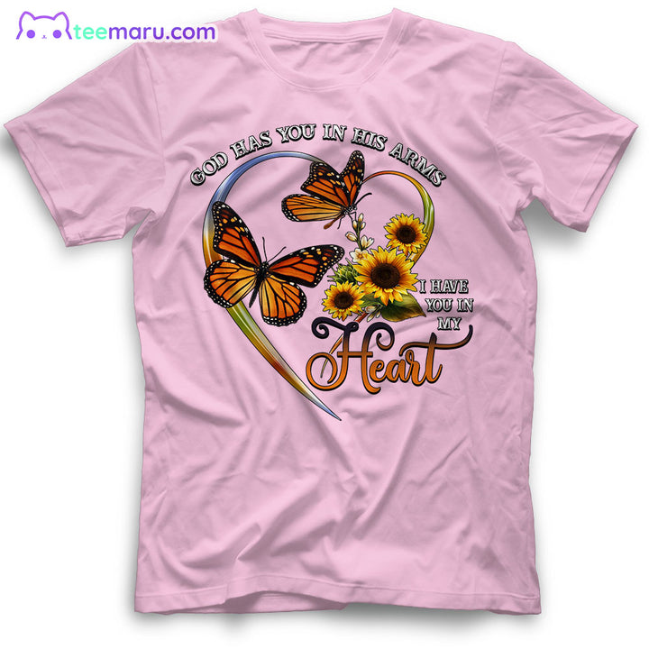 MEBS016 God Has You In His Arms Orange Butterflies Heart Sunflower Memorial T-Shirt