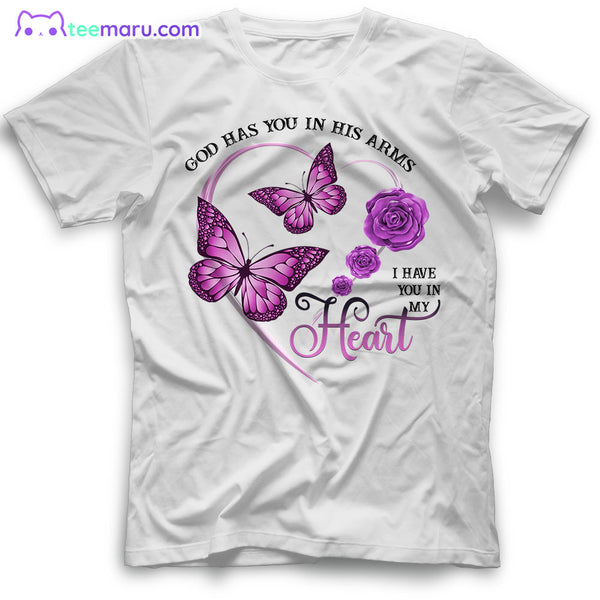 MEBS017 God Has You In His Arms Purple Butterfly Rose Memorial T-Shirt