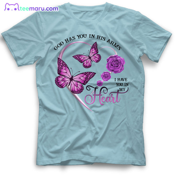 MEBS017 God Has You In His Arms Purple Butterfly Rose Memorial T-Shirt