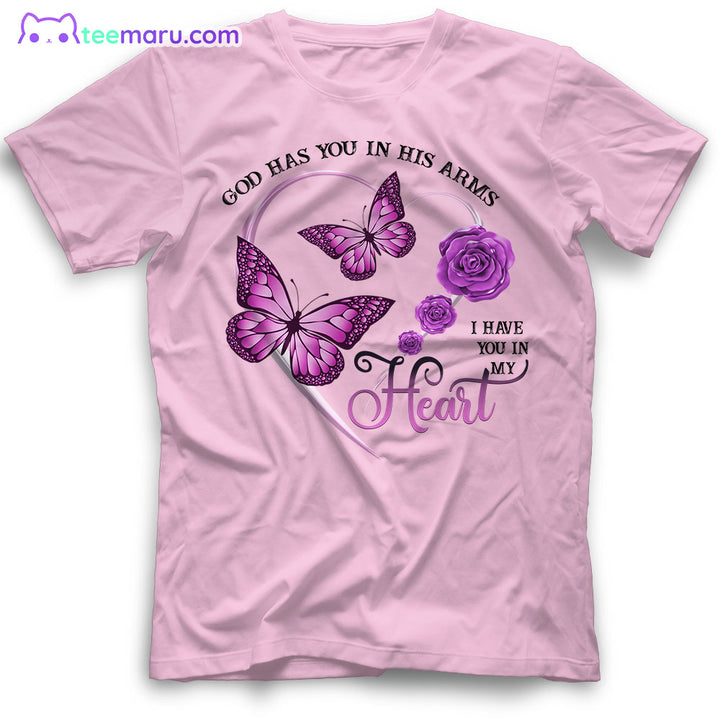 MEBS017 God Has You In His Arms Purple Butterfly Rose Memorial T-Shirt