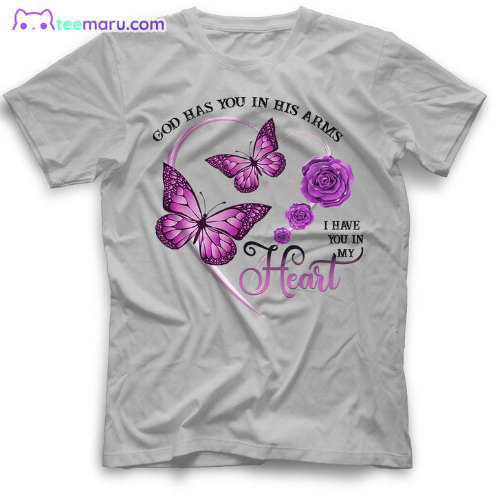 MEBS017 God Has You In His Arms Purple Butterfly Rose Memorial T-Shirt