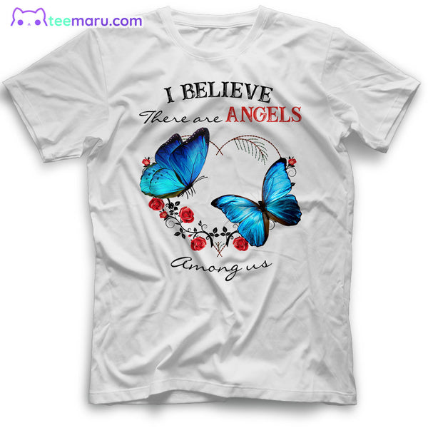 MEBS019 I Believe There Are Angels Blue Butterfly Rose Heart Memorial T-Shirt