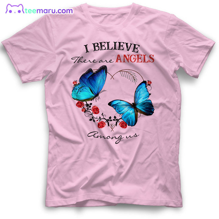 MEBS019 I Believe There Are Angels Blue Butterfly Rose Heart Memorial T-Shirt