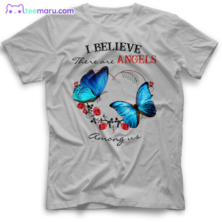 MEBS019 I Believe There Are Angels Blue Butterfly Rose Heart Memorial T-Shirt