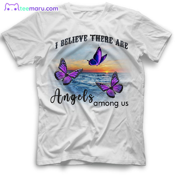 MEBS020 I Believe There Are Angels Purple Butterfly Sunset Beach Memorial T-Shirt