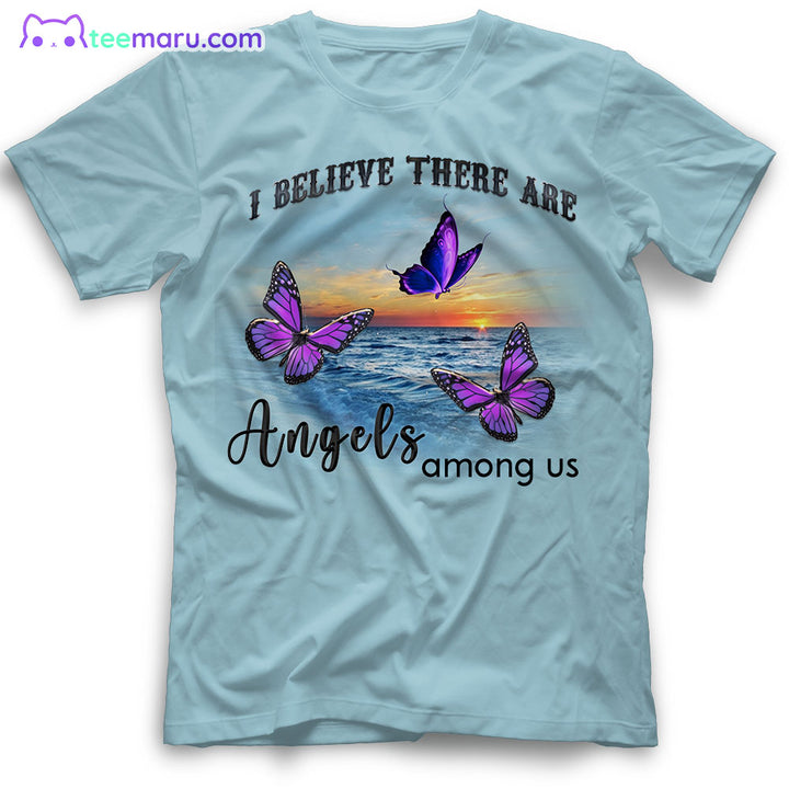 MEBS020 I Believe There Are Angels Purple Butterfly Sunset Beach Memorial T-Shirt