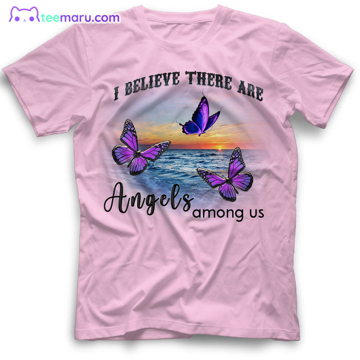 MEBS020 I Believe There Are Angels Purple Butterfly Sunset Beach Memorial T-Shirt