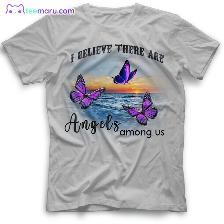 MEBS020 I Believe There Are Angels Purple Butterfly Sunset Beach Memorial T-Shirt