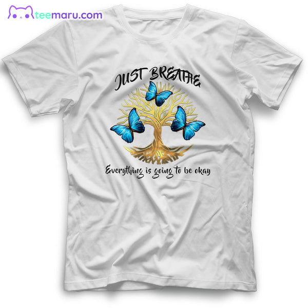 MEBS021 Just Breath Blue Butterfly Tree Of Life Memorial T-Shirt