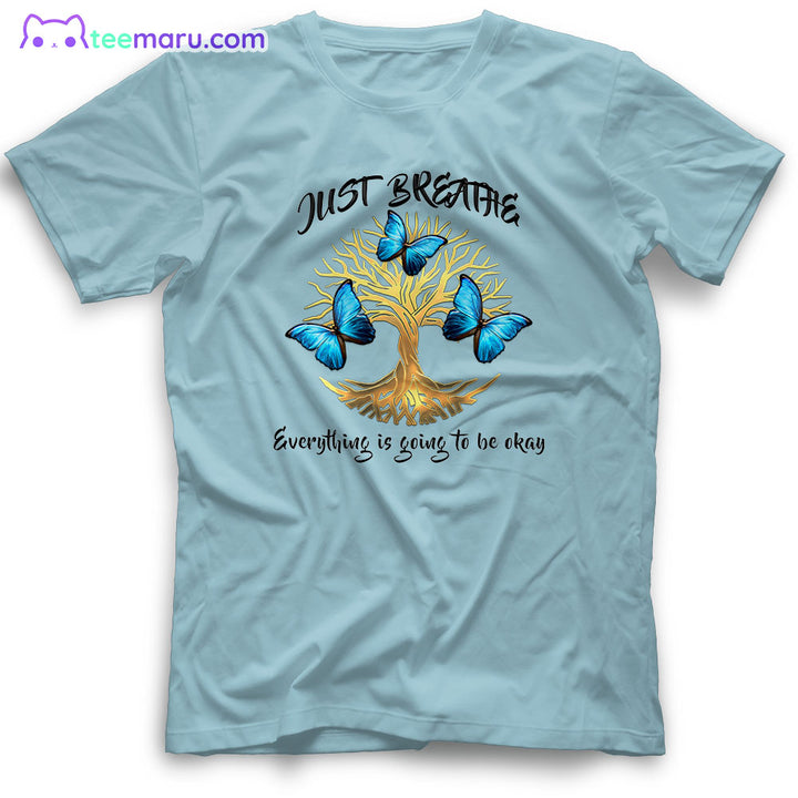 MEBS021 Just Breath Blue Butterfly Tree Of Life Memorial T-Shirt