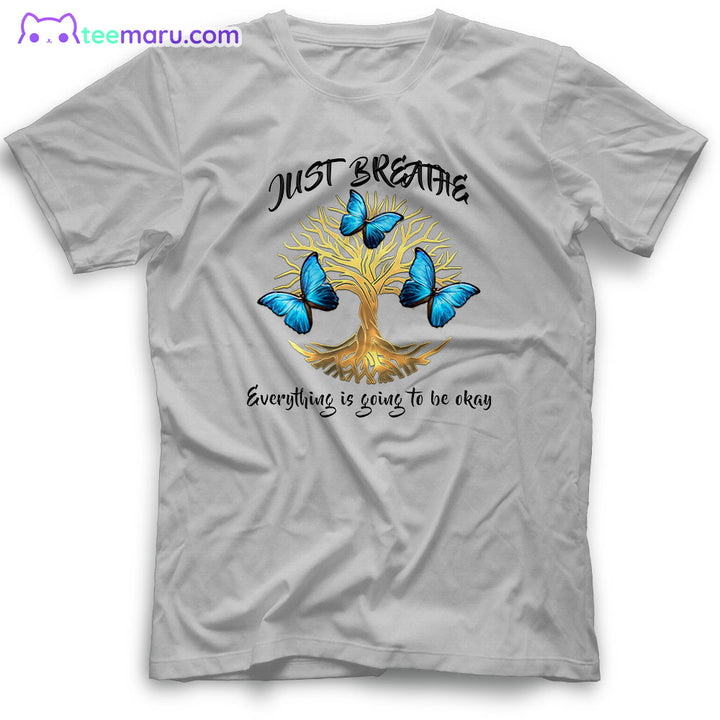 MEBS021 Just Breath Blue Butterfly Tree Of Life Memorial T-Shirt