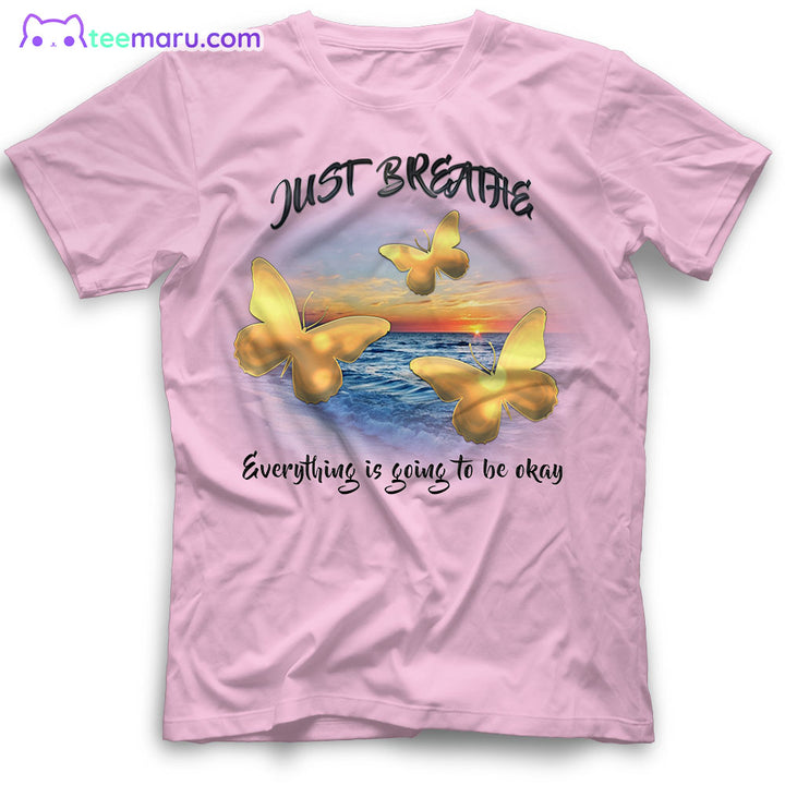 MEBS022 Just Breath Gold Butterfly Sunset Beach Memorial T-Shirt