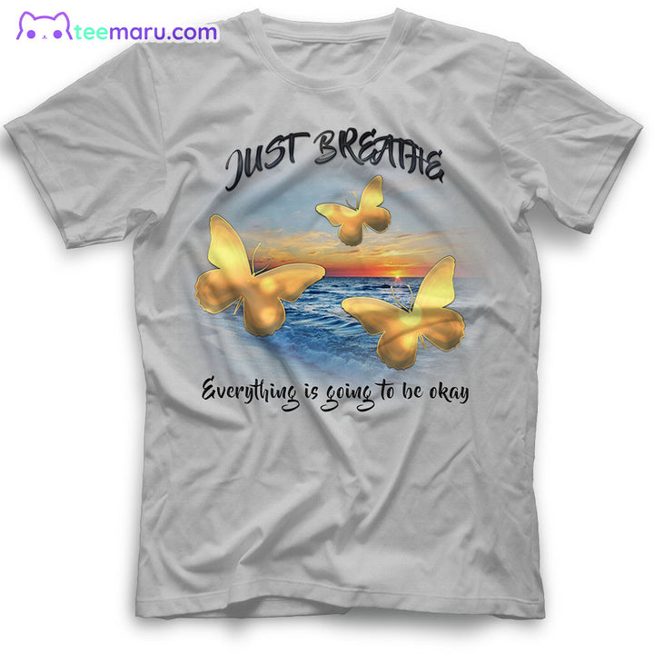 MEBS022 Just Breath Gold Butterfly Sunset Beach Memorial T-Shirt