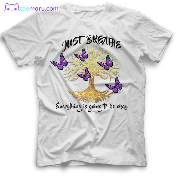 MEBS023 Just Breath Purple Butterfly Tree Of Life Memorial T-Shirt