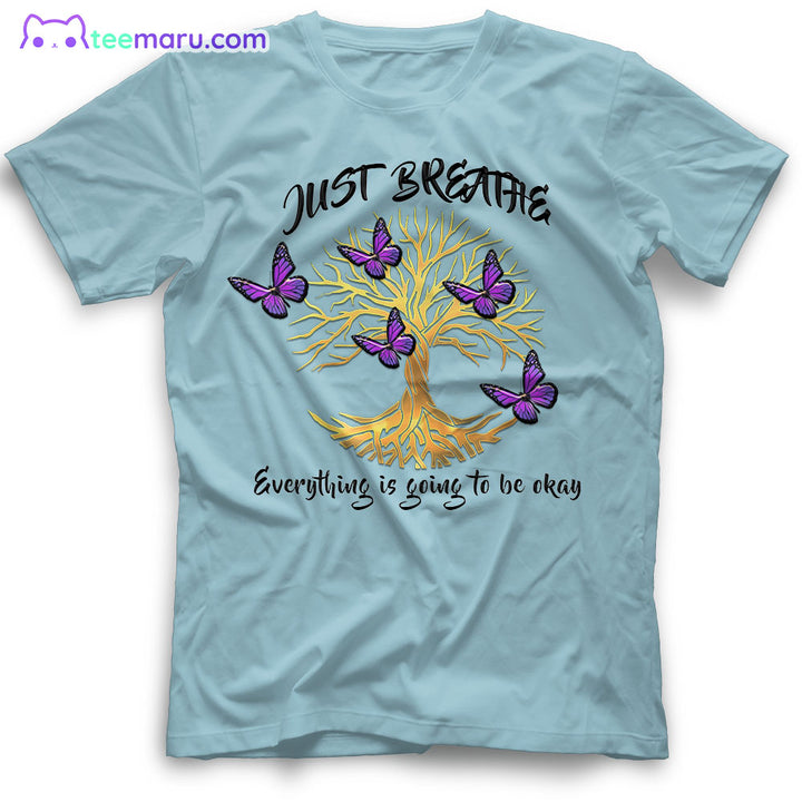 MEBS023 Just Breath Purple Butterfly Tree Of Life Memorial T-Shirt