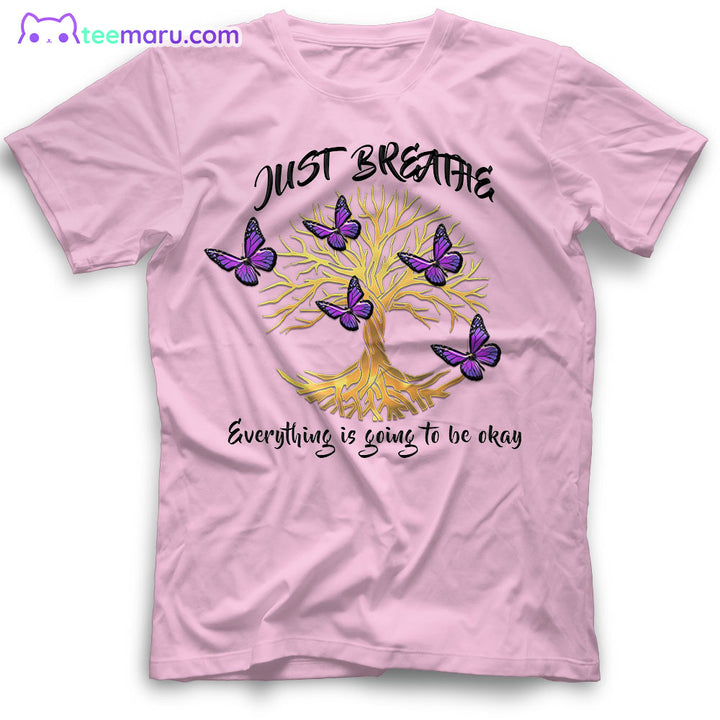 MEBS023 Just Breath Purple Butterfly Tree Of Life Memorial T-Shirt