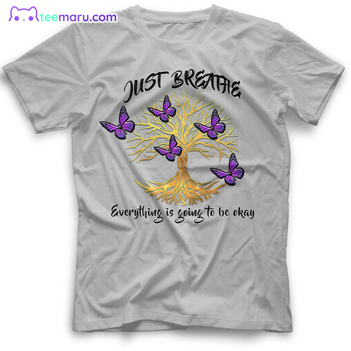 MEBS023 Just Breath Purple Butterfly Tree Of Life Memorial T-Shirt