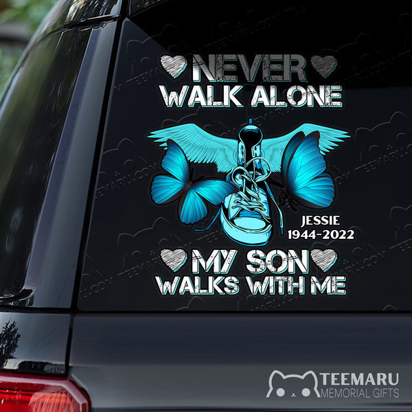 Personalized Blue Butterfly Memorial Car Decal - Son Walks With Me